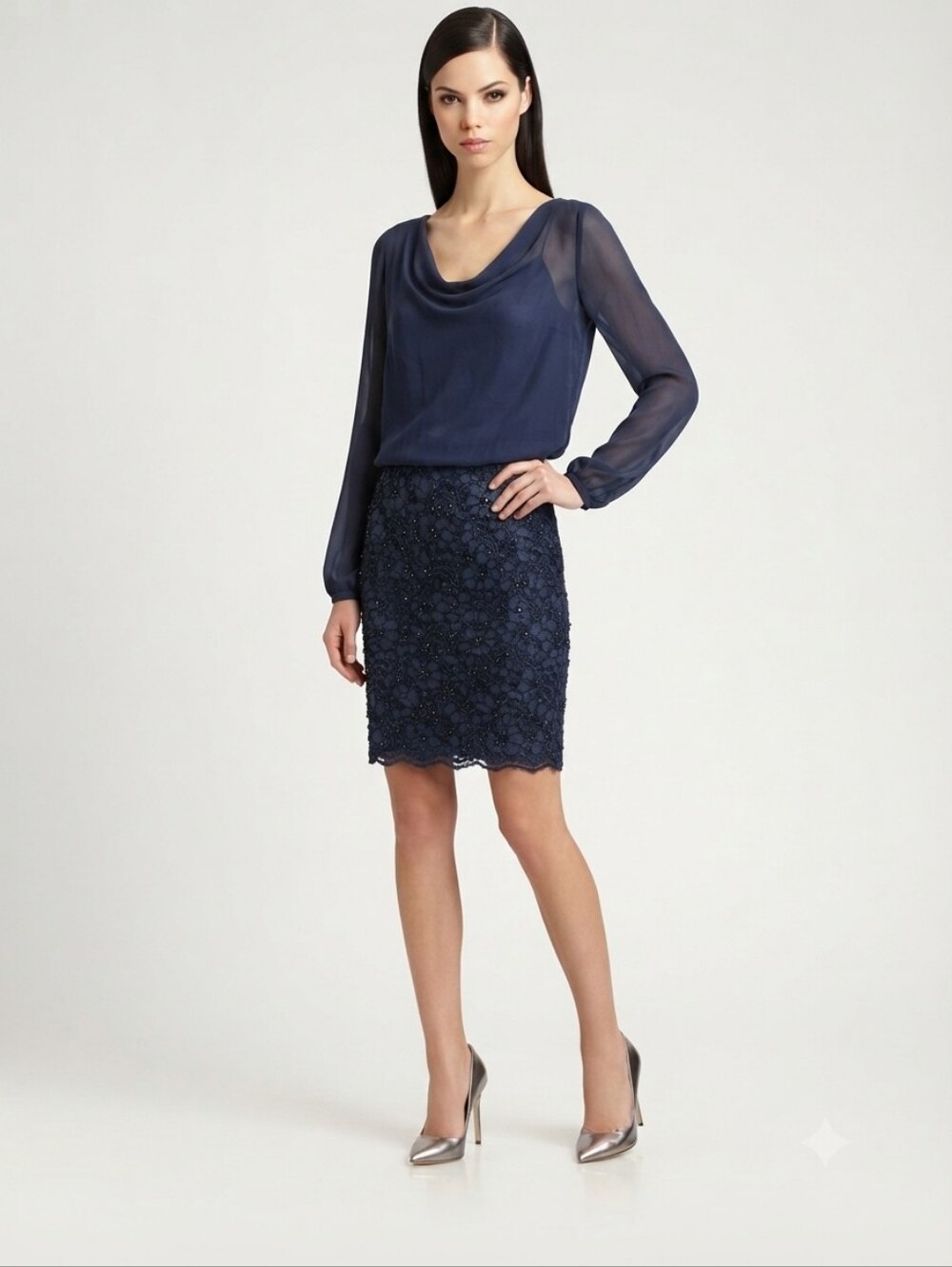 NEW Navy Long Sleeve Blouson Silk & Sequin Lace Cocktail Dress Size 4